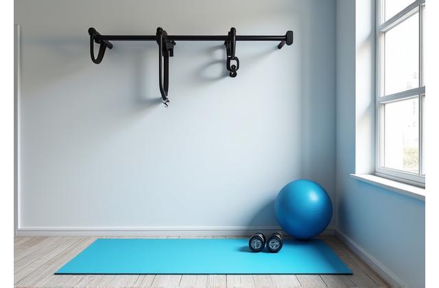 Sleek, organized compact gym in the same studio apartment corner after renovation