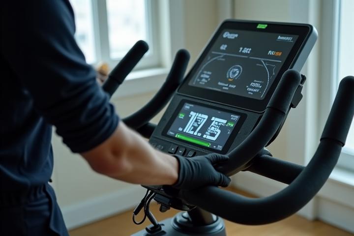 Close-up of a technician installing a new smart console on an older exercise bike, showing a modern digital display and connectivity ports.