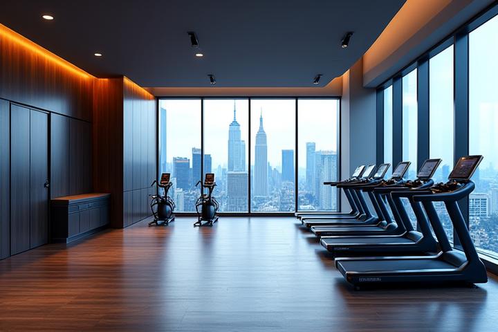 Opulent apartment home gym with panoramic city views and premium fitness equipment