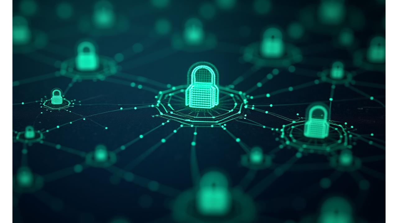 Abstract network of interconnected nodes representing secure data flow and protection protocols.